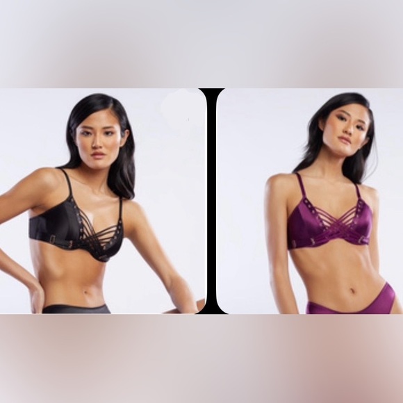 Savage X Fenty lot 2 32D bondage corset cleavage garter belt bra plum black - Picture 1 of 13